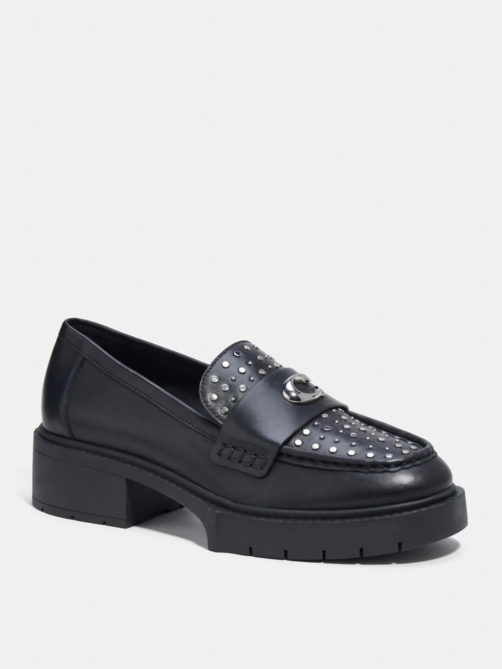 Coach Leela Black Leather Loafer  w/ silver-tone metal studs And Metal Logo Sz 9 - Picture 2 of 12